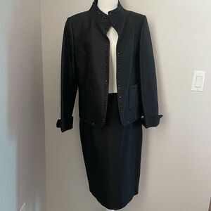 Ellen Tracy Mock Neck Black Plaid Skirt Suit Jacket 8, Skirt 4 Embellished Party